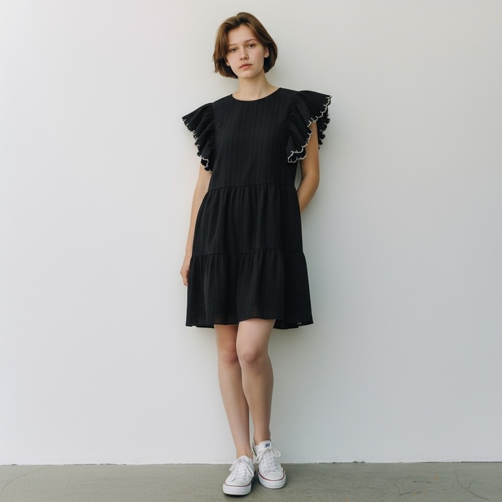Who What Wear Tiered Ruffle Sleeve Dress Black Striped Size XS Mini Womens Party